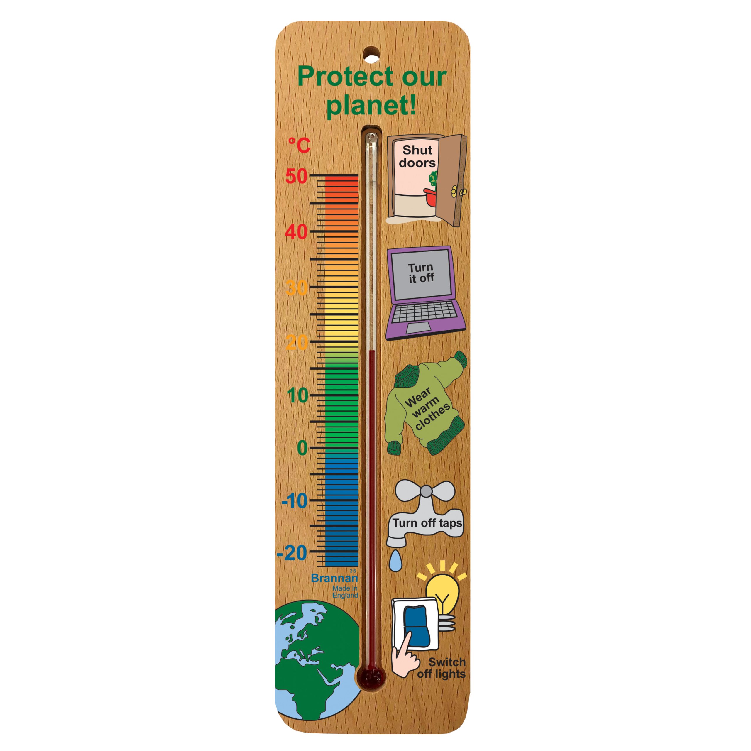 215mm wide wood wall thermometer – protect the planet design