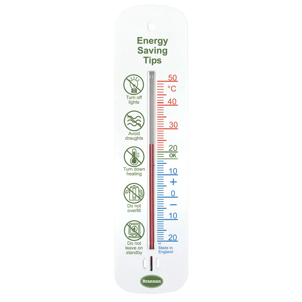 Short wall thermometer with energy saving tips